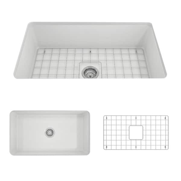 BOCCHI Sotto Undermount Fireclay 32 in. Single Bowl Kitchen Sink with Bottom Grid and Strainer in Matte White