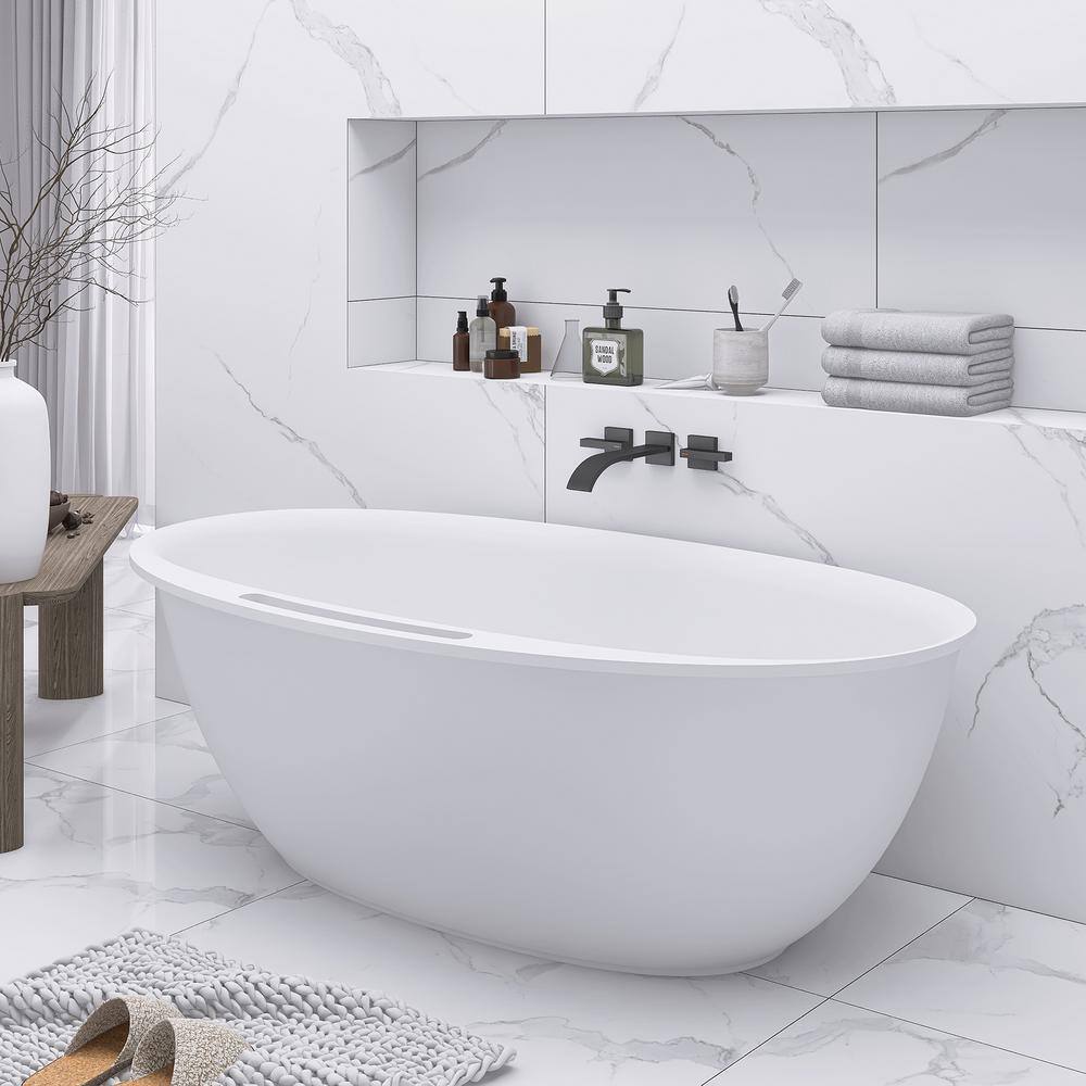 63 in. Matte White Solid Surface Freestanding Soaking Bathtub