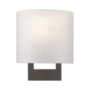 Layton 8 in. 1 Light Bronze Contemporary Wall Sconce with Hand Crafted Off White Fabric Shade