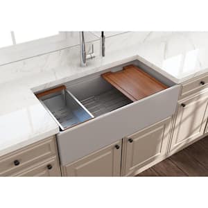 Step-Rim Matte Gray Fireclay 36 in. Single Bowl Farmhouse Apron Front Workstation Kitchen Sink with Accessories