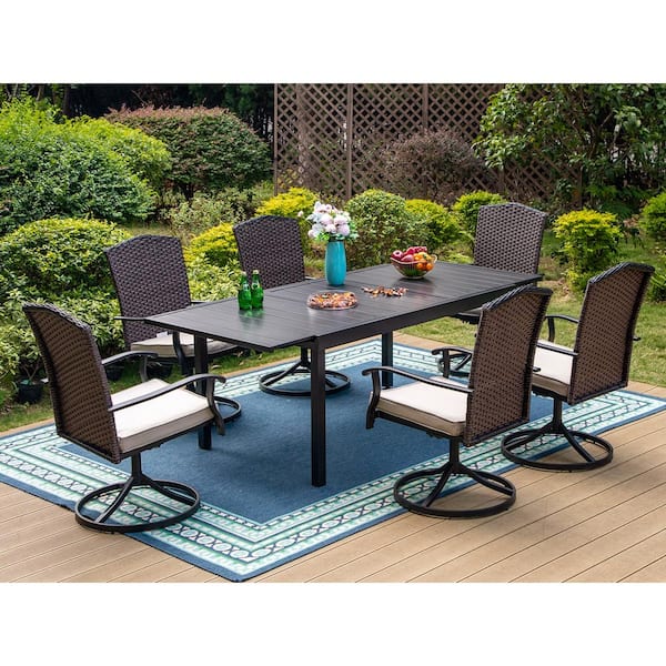 PHI VILLA Black 7-Piece Metal Patio Outdoor Dining Set with Expandable Table and Rattan Chairs with Beige Cushion