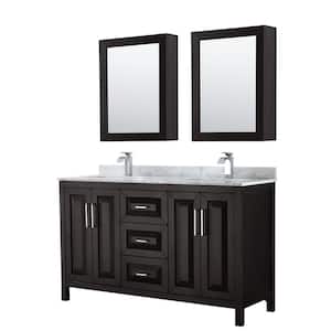 Daria 60 in. Double Bathroom Vanity in Dark Espresso with Marble Vanity Top in Carrara White and Medicine Cabinets