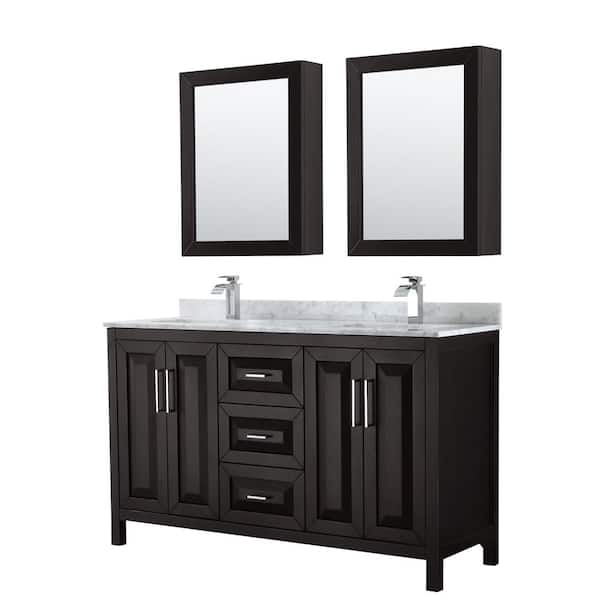 Wyndham Collection Daria 60 in. Double Bathroom Vanity in Dark Espresso with Marble Vanity Top in Carrara White and Medicine Cabinets