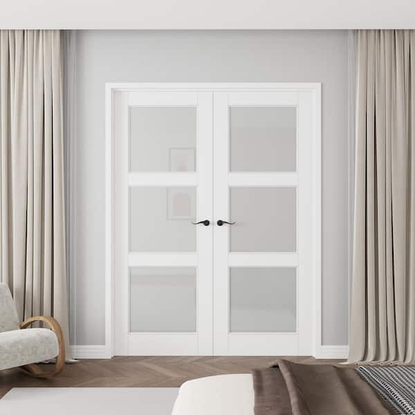 56 in. x 80 in. Universal 3-Lite Frosted Glass White Solid Core Wood Assembly Required Double French Door with Jamb