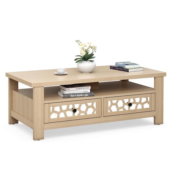 Costway 46 in. Oak Rectangle Wooden Coffee Table with 2