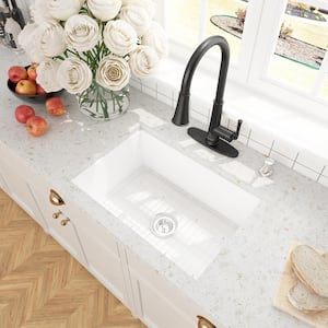 All-in-one Glossy White Fireclay 27 in. Single Bowl Undermount Kitchen Sink with Infrared Sensor Faucet and Accessories