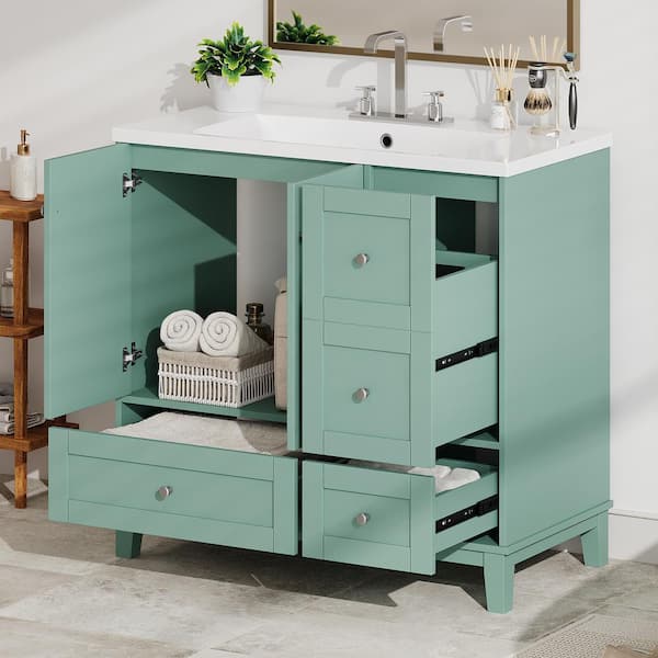 Tenleaf 36 in. W Single Sink Freestanding Bath Vanity in Green with White Resin Top and USB Charging, 3 Drawers