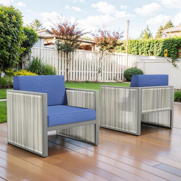 Opohoro SquareChic Metal and Light Beige Wicker Outdoor Lounge Chair with Olefin Navy Blue Cushions (2-Pack)