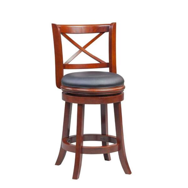 Benjara Gia 37.5 in. Cherry Brown High Back Solid Wood Swivel Counter Stool With Faux Leather Seat