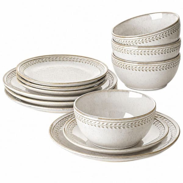 12-Piece Beige Ceramic Dinnerware Set Service for 4, Stoneware Dish Set, Chip Resistant, Microwave and Dishwasher Safe