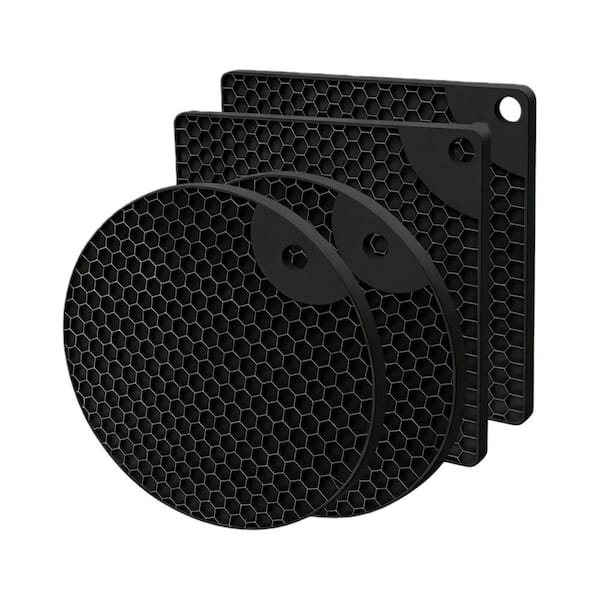 Silicone Trivet Mats with Heat Resistant for Kitchen Potholders, Hot Dishes, Jar Opener, Spoon Holder, Black (4-Pack)