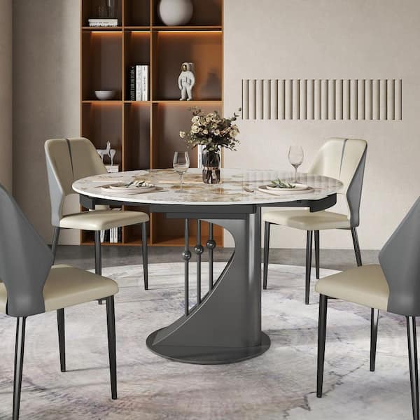 31 in. to 51 in. Round Pandora Sintered Stone Extendable Dining Table with Gunmetal Gray Pedestal, Seats 6