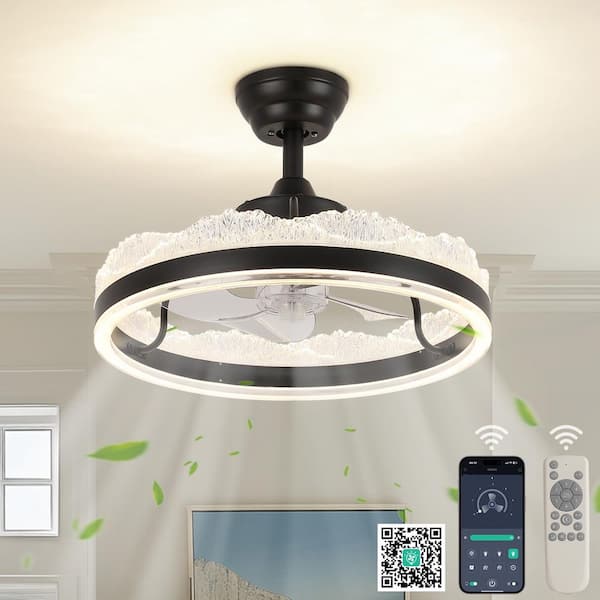 13.8 in. Black LED Flush Mount Ceiling Fan with Dimmable Lighting Modern Fandelier Fan with Remote for Living Room
