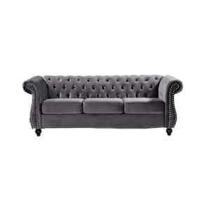 Feinstein 82.6 in. Rolled Arm Velvet Straight 3-Seater Sofa in Gray