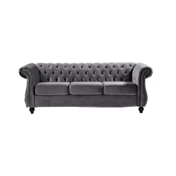 US Pride Furniture Feinstein 82.6 in. Rolled Arm Velvet Straight 3-Seater Sofa in Gray