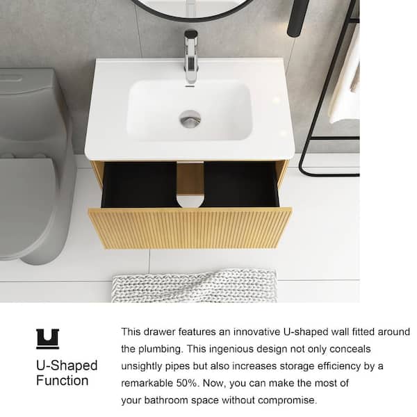 30 in. W x 18.3 in. D x 15.6 in. H Single Sink Wall-Mounted Bath Vanity in Oak with White Ceramic Top