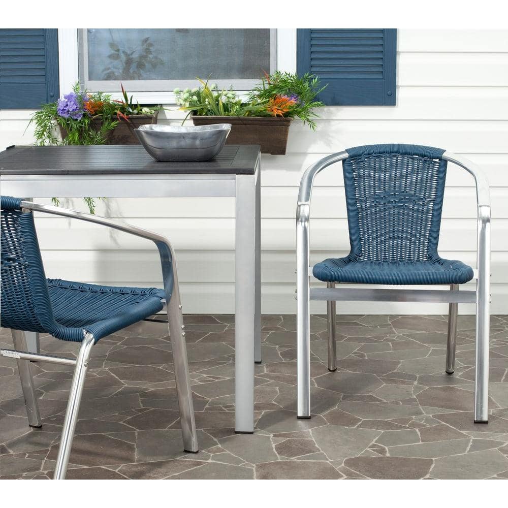 Teal Wicker and Aluminum Stackable Arm Chairs, Set of 2