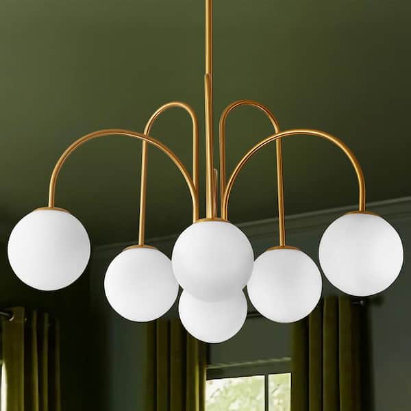 Ayden 6-Light Dimmable Gold Sputnik Sphere Chandelier with Opal Glass Globe Bubble