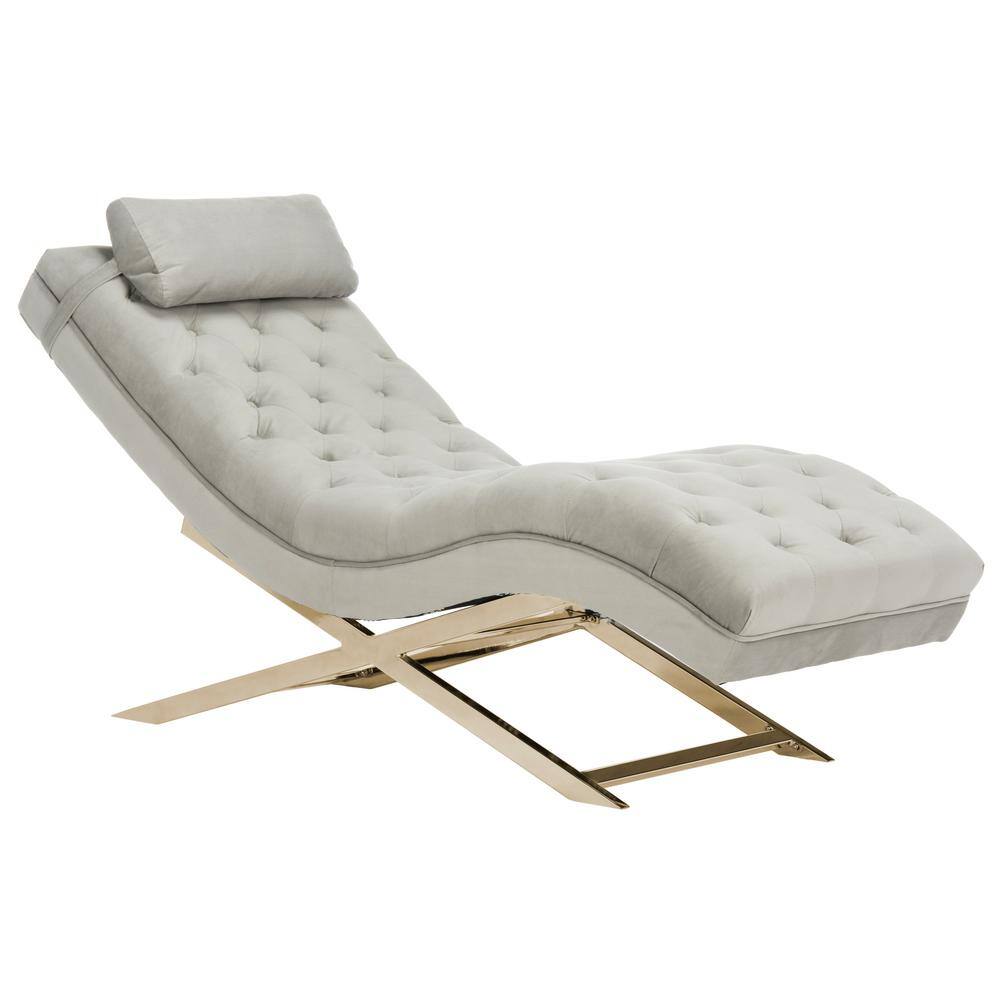 Grey Velvet Chaise with Gold Frame and Headrest