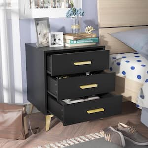 Single Black Wooden Nightstand, End Table, with 3 Drawers, 19.7 in. W x 15.7 in. D x 23.8 in. H