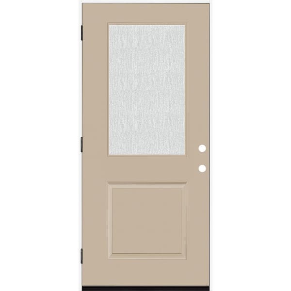 Steves & Sons Legacy 36 in. x 80 in. 1/2 Lite Rain Glass RHOS Primed Sandstone Finish Fiberglass Prehung Front Door