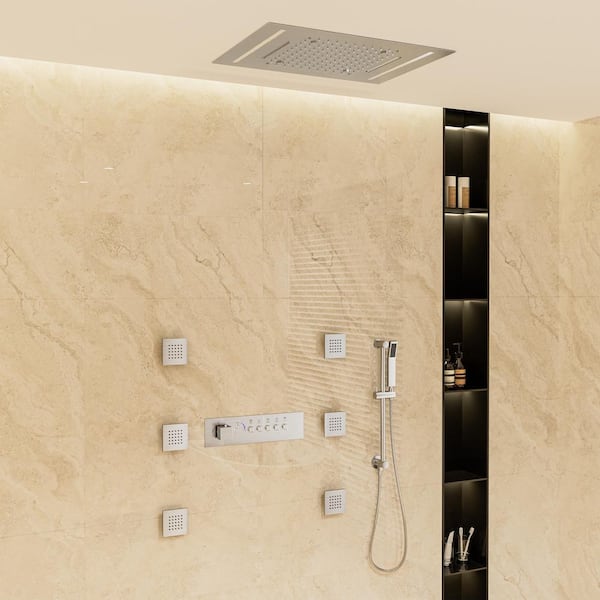 Dimakai 5 Spray 2.5 GPM Shower Faucet Thermostatic Shower System with 64 Color LED and Slide Bar in Brushed Nickel