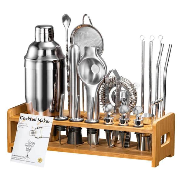 26-Piece Stainless Steel Cocktail Shaker Set with Wood Stand - Silver Bar Tools for Mixing Drinks at Home or Parties