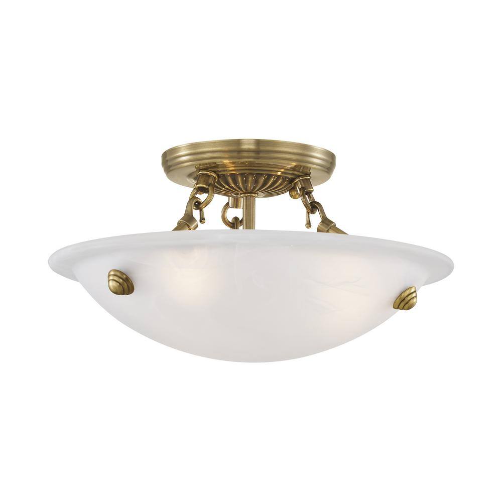 Antique Brass 3-Light Flush Mount with White Alabaster Glass