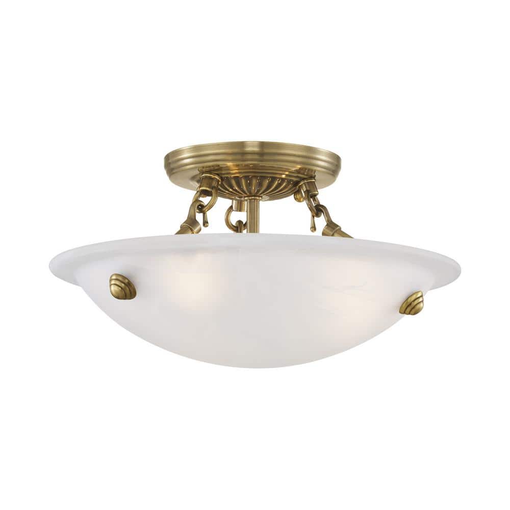 Antique Brass 3-Light Flush Mount with White Alabaster Glass