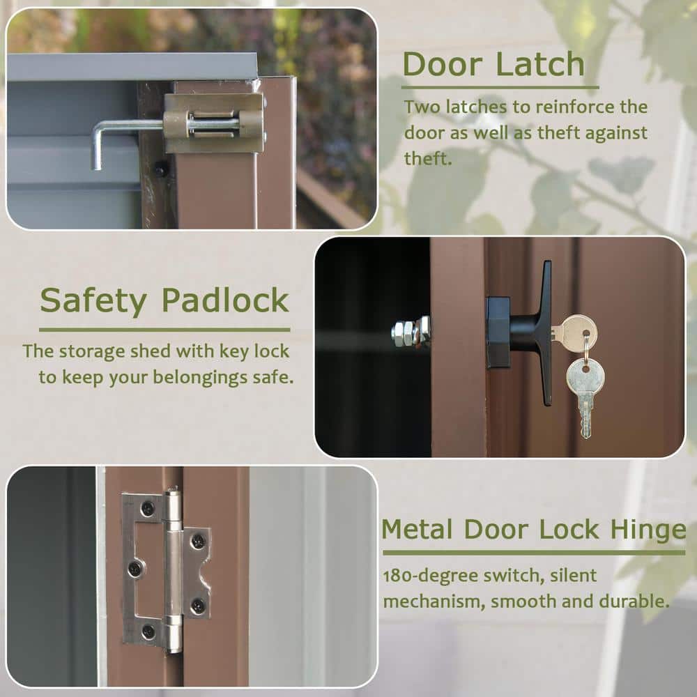 Brown 6x4 ft Metal Outdoor Storage Shed with Lockable Double Door
