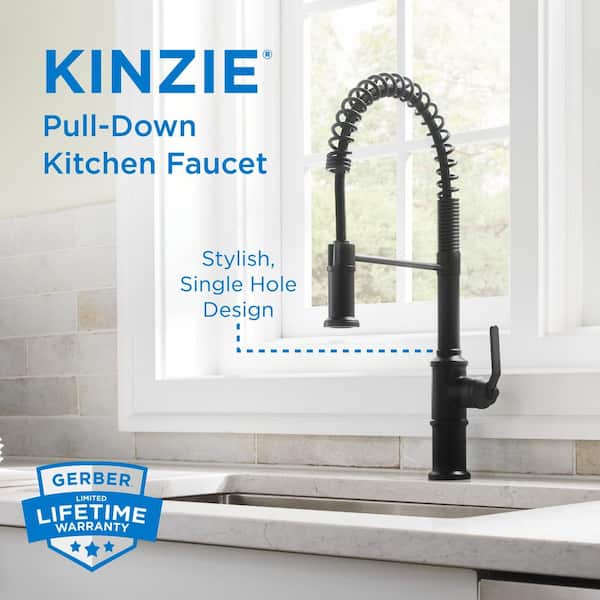 Kinzie Satin Black 22 in. Single Handle Pre-Rinse Spring Pull Down Sprayer Kitchen Faucet with 360-degree Swivel