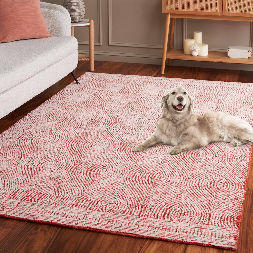 Ivory and Red Abstract Handmade Wool Viscose Rug, 3' x 5'