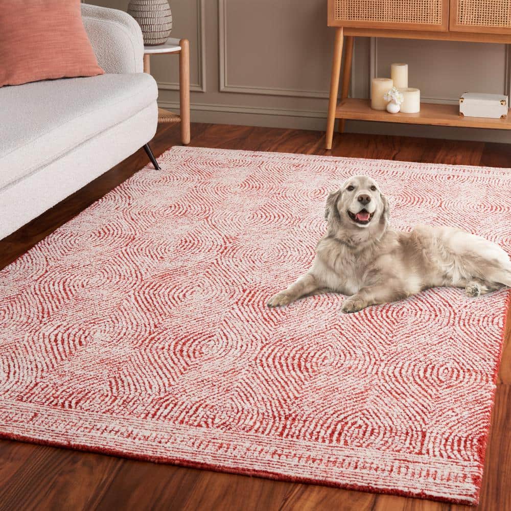 Ivory and Red Handmade Tufted Wool Abstract Rug, 5' x 8'