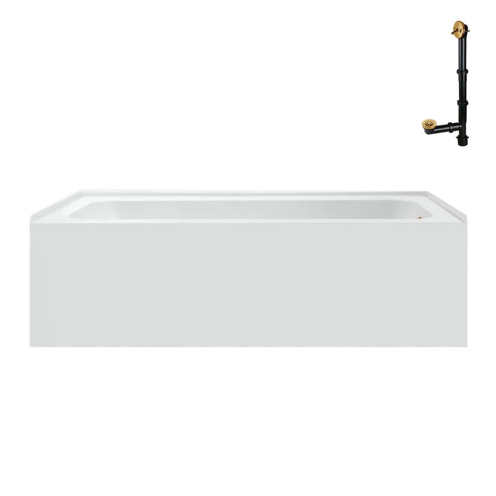 Glossy White Acrylic Alcove Bathtub with Brushed Gold Drain