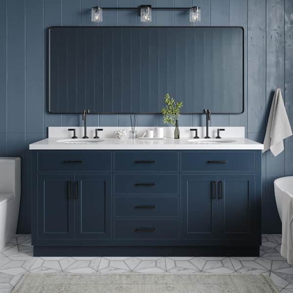 ARIEL Hepburn 73 in. W x 22 in. D x 36 in. H Bath Vanity in Midnight Blue with Pure Quartz Vanity Top with White Basins