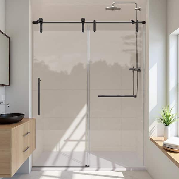 56-60 in. W x 76 in. H Sliding Frameless Glass Shower Door in Black 5/16 in. Thick Clear Glass
