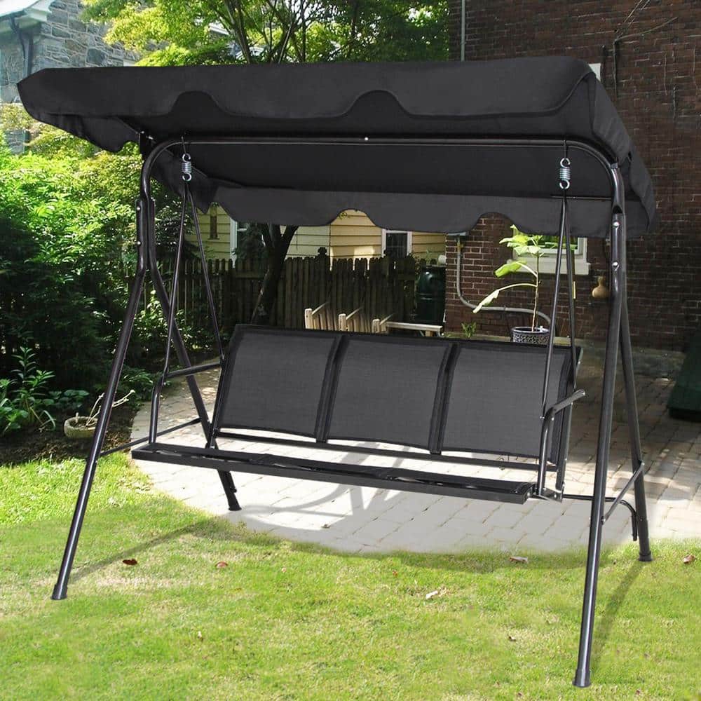Black Powder Coated Steel 3-Person Outdoor Patio Swing with Adjustable Canopy