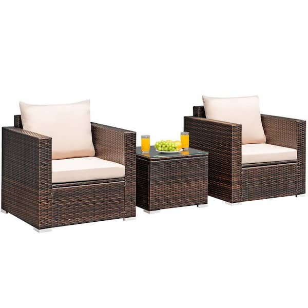 Alpulon 3-Piece Wicker Patio Conversation Set Sofa with Beige Cushions