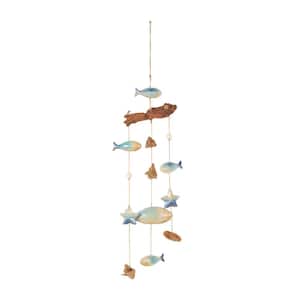 40 in. Blue Ceramic Fish Ombre Windchime with Driftwood and Hanging Starfish Accents