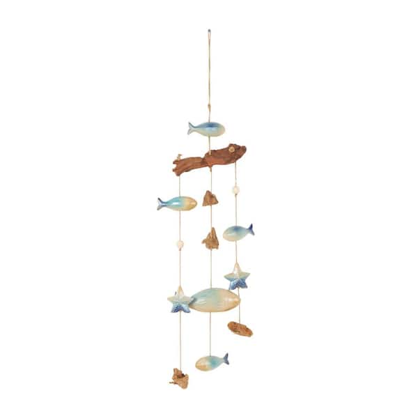 Litton Lane 40 in. Blue Ceramic Fish Ombre Windchime with Driftwood and Hanging Starfish Accents