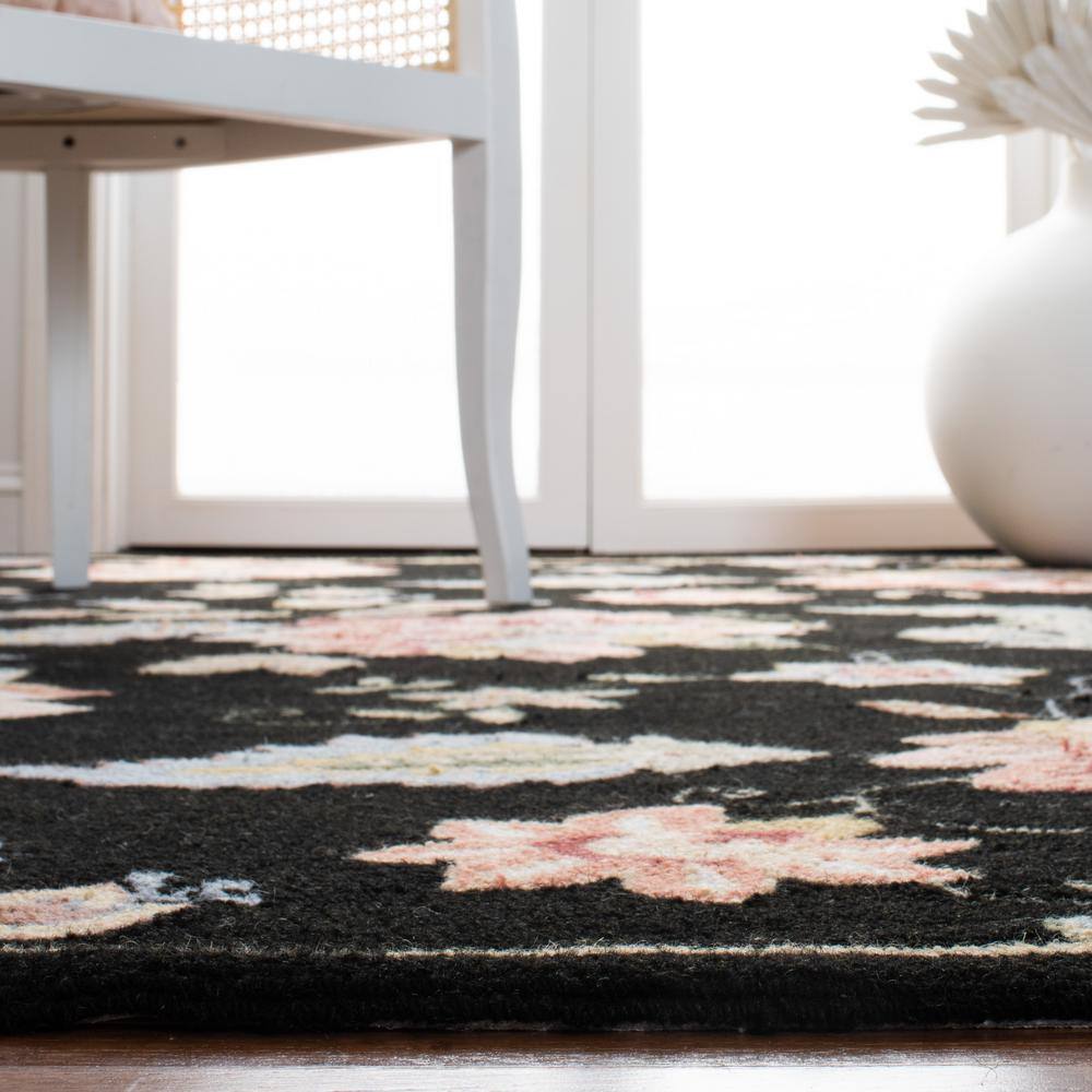 Elegant Floral Black Wool Hand-Knotted Area Rug - 2'9" x 4'9"