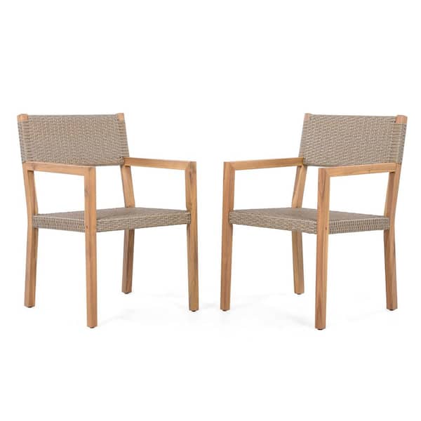 2 Pieces Light Teak Acacia Wood Frame and Multi Light Brown PE Wicker Outdoor Dining Chairs