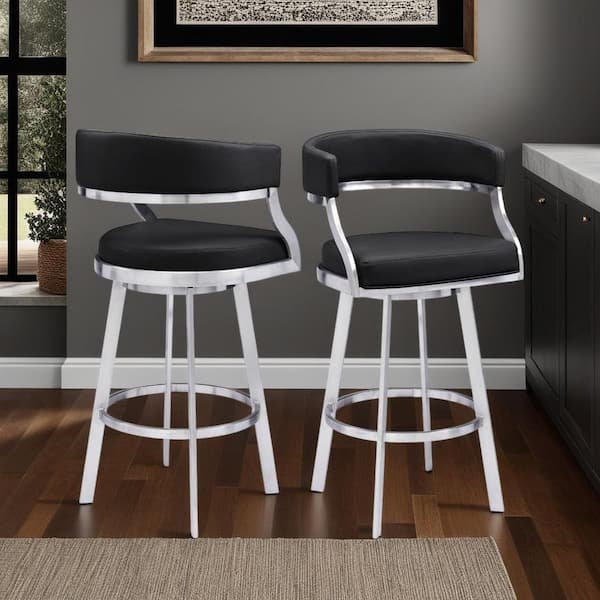 Dione 38-42 in. Black/Brushed Stainless Steel Metal 30 in. Bar Stool with Faux Leather Seat