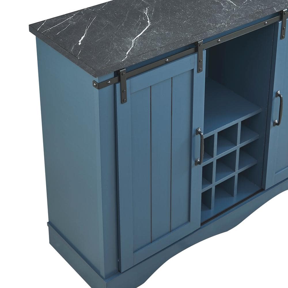 Navy Blue Rustic 47" Wood Bar Cabinet with Sliding Barn Door