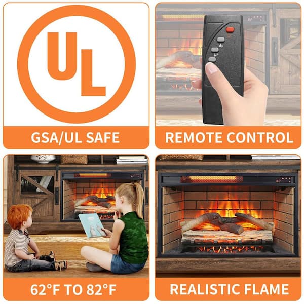 60 in. Freestanding Electric Fireplace TV Stand in Brown with 26 in. Fireplace Insert, Tempered Glass Front, Remote