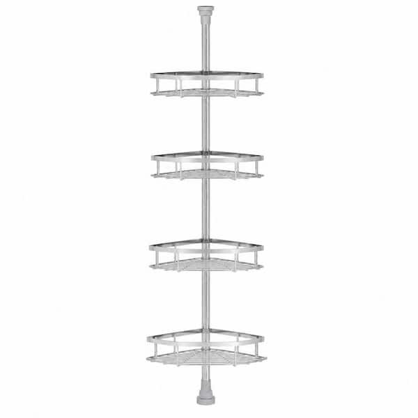 37.8-124 in Tension Pole Adjustable Rust-Resistant 4-Tier Basket Shower Caddy in Silver with Anti-Slip Base and Hooks