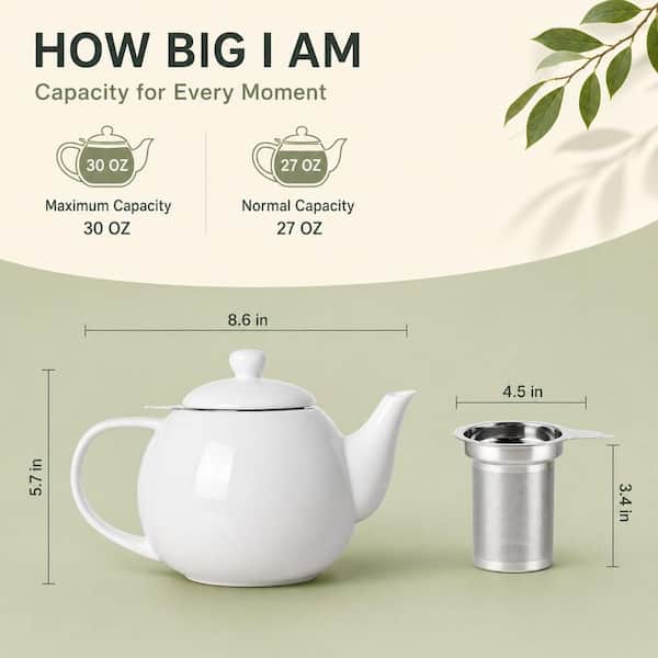 3-Cup White Porcelain Teapot with Removable Stainless Steel Infuser, Tea Pots for Loose Tea, Tea Infuser Pots for Gift