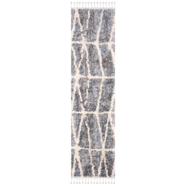 SAFAVIEH Berber Fringe Shag Gray/Cream 2 ft. x 8 ft. Gradient Geometric Runner Rug