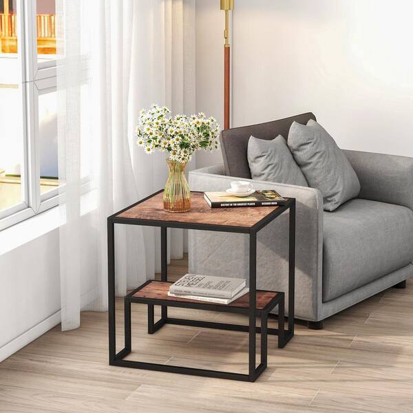 Homefun 22 In Modern Rustic Brown Oak Wooden Top Nesting End Table With 2 Tier Hfhdsn 050rb Homefun 22 In Modern Rustic Brown Oak, Modern Rustic Side Table