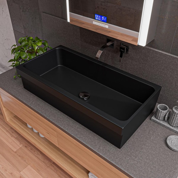 36 in. Trough Vessel Bathroom Sink in Black Matte Fireclay